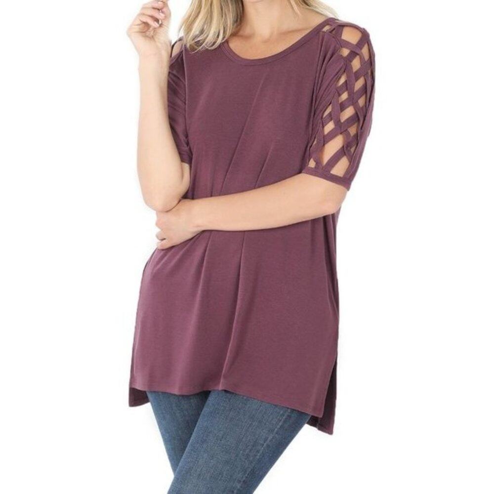 ZENANA Purple Caged Shoulder Vented Pullover Tunic Top Size MEDIUM Comfort